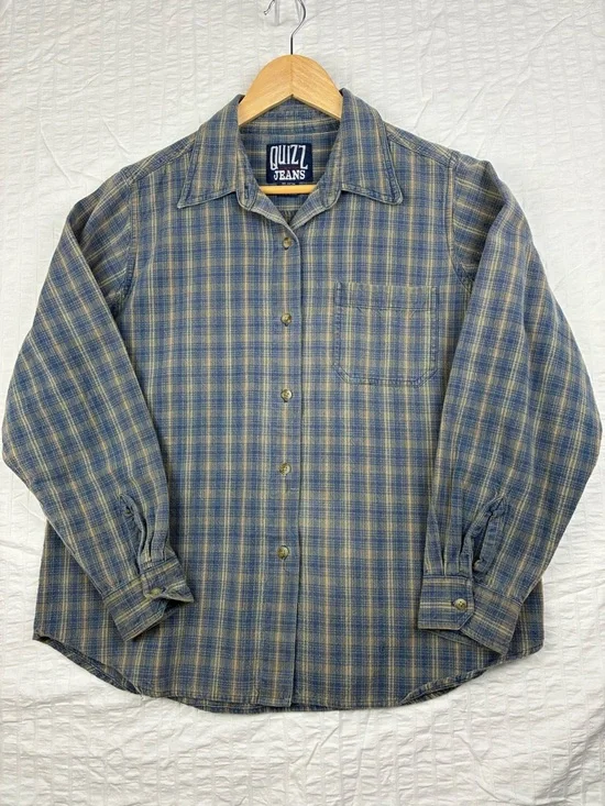 Quizz Jeans Blue & Tan Plaid Button-Up Shirt | Vintage Soft Flannel Feel | Large - Picture 3 of 4